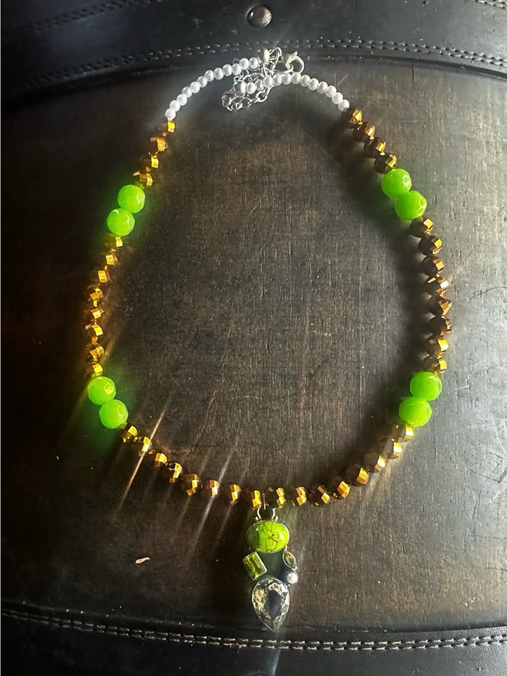 Sterling Silver Green Turquoise, Peridot and Copper Beaded Pendant Necklace